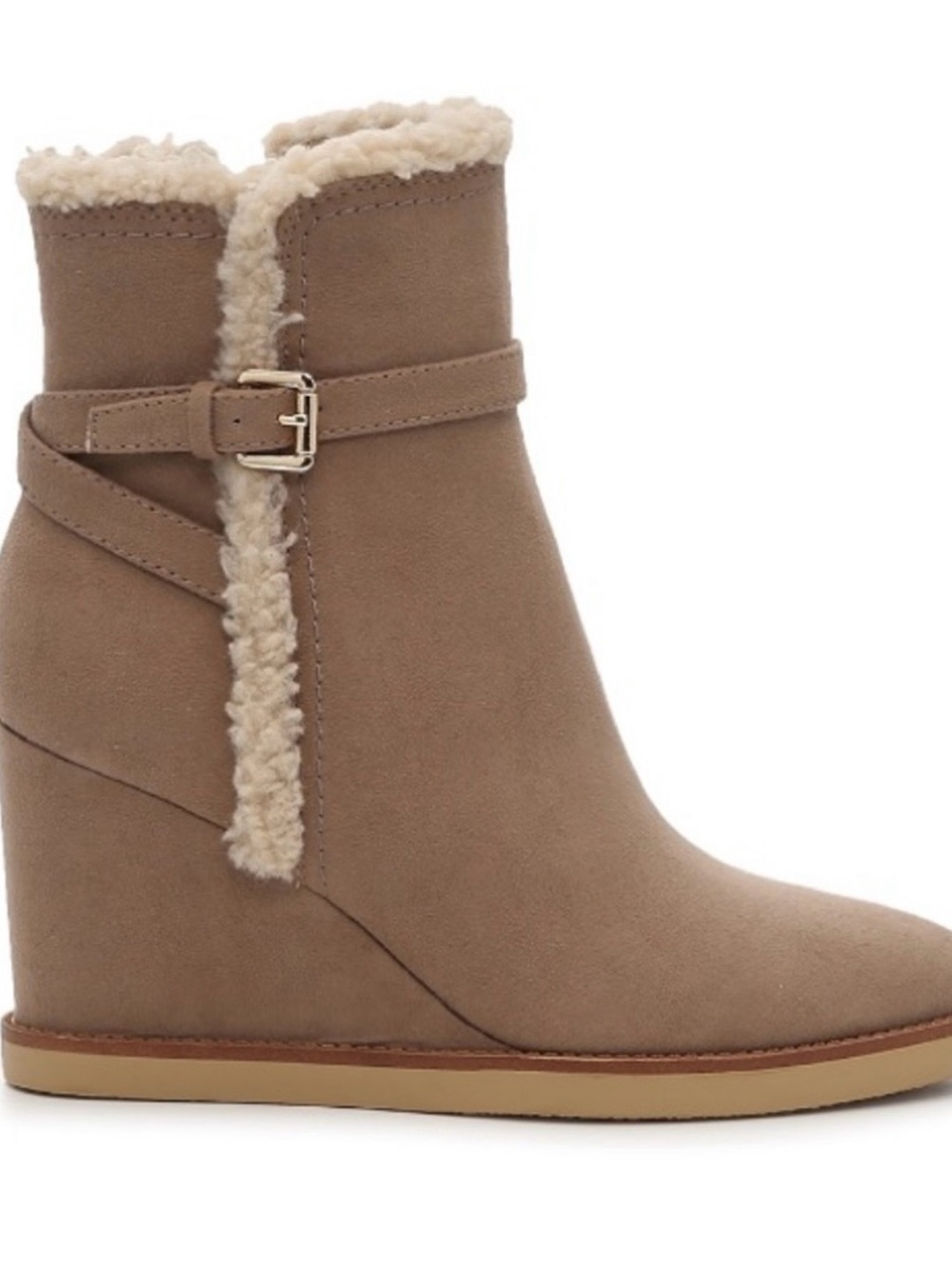 Unisa Taupe Faux Suede Wedge Ankle Boot with Shearling Trim